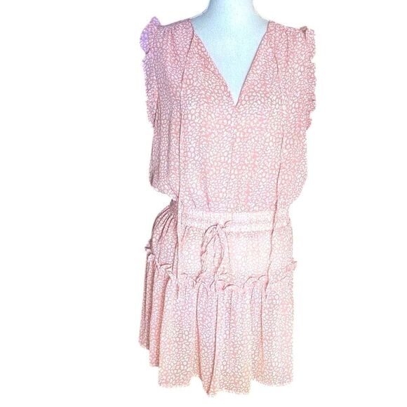 Pinch Womens Pink White Leopard Tie V-Neck Ruffle Sleeve Tiered Mini Dress Large - Picture 1 of 6